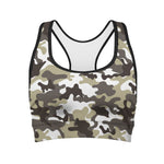Brown And White Camouflage Print Women's Sports Bra