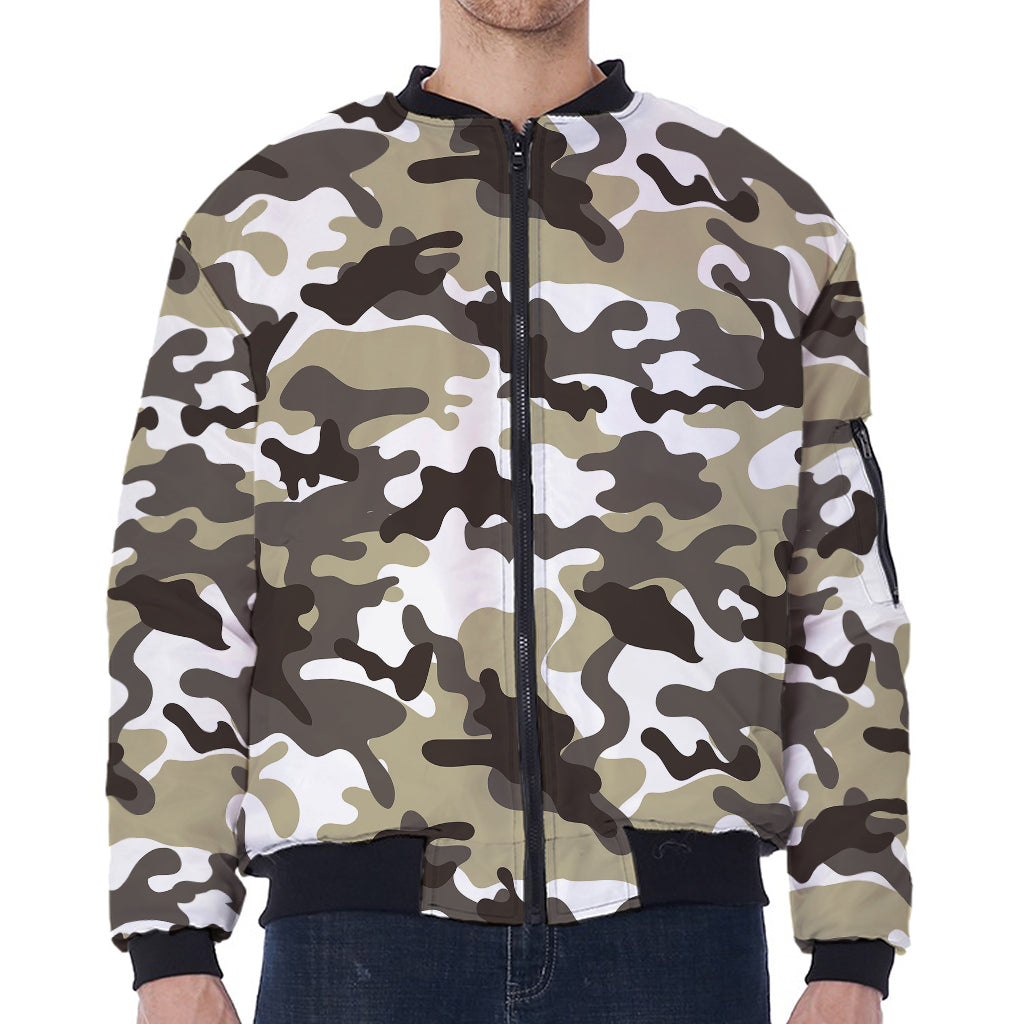 Brown And White Camouflage Print Zip Sleeve Bomber Jacket