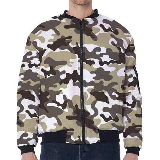 Brown And White Camouflage Print Zip Sleeve Bomber Jacket