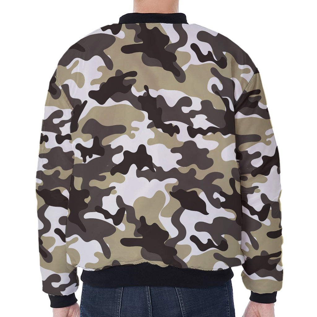 Brown And White Camouflage Print Zip Sleeve Bomber Jacket
