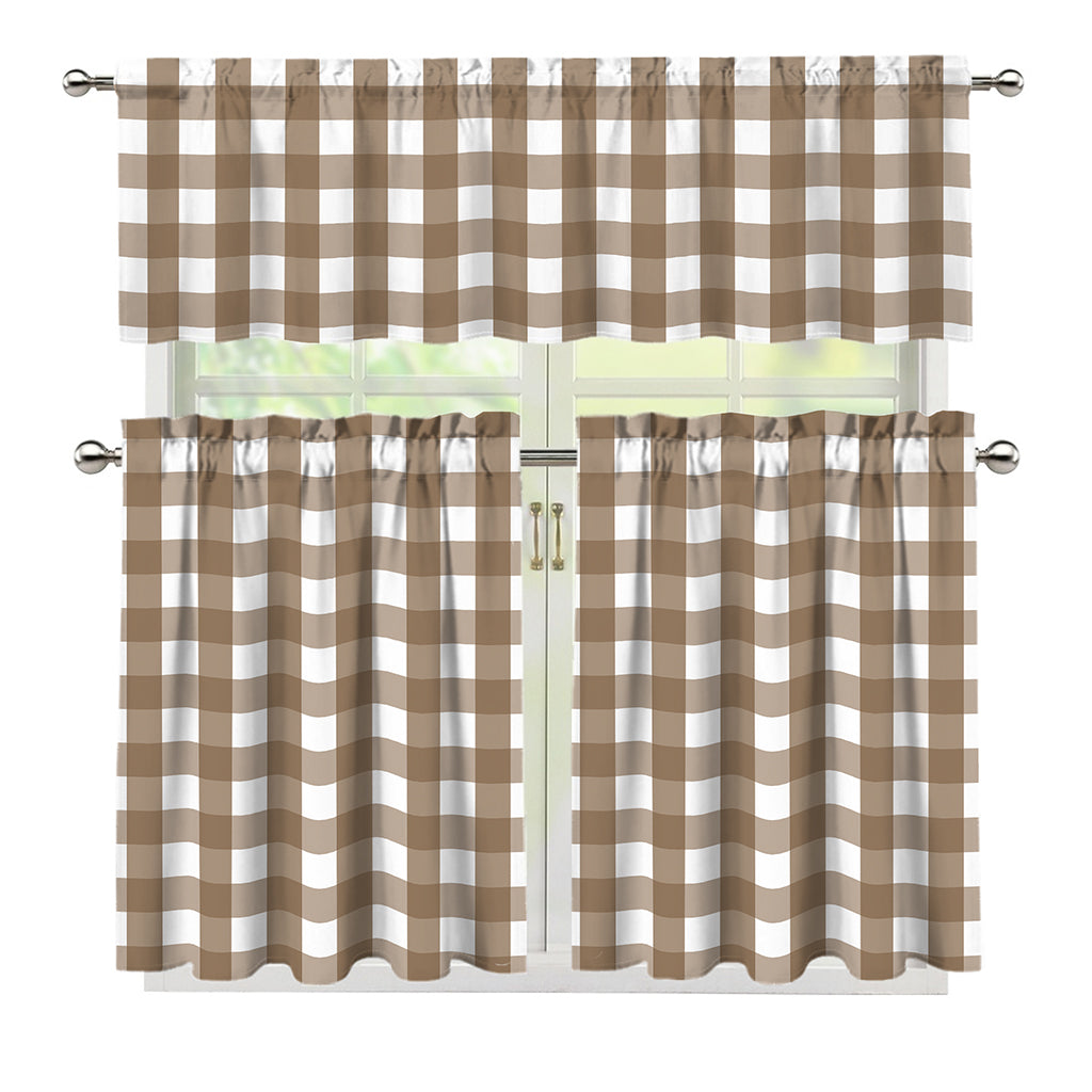 Brown And White Check Pattern Print 3 Piece Kitchen Curtains