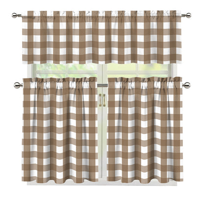 Brown And White Check Pattern Print 3 Piece Kitchen Curtains