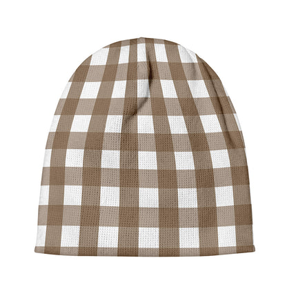 Brown And White Check Pattern Print Beanie