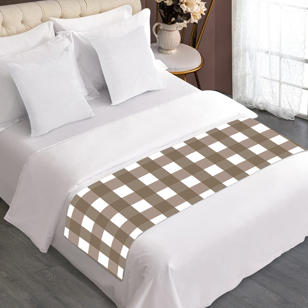 Brown And White Check Pattern Print Bed Runner