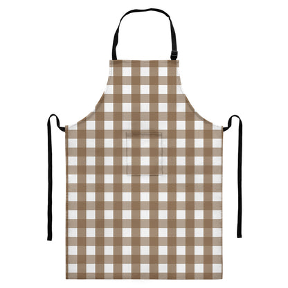 Brown And White Check Pattern Print Bib Apron With Pocket