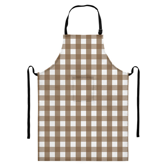 Brown And White Check Pattern Print Bib Apron With Pocket