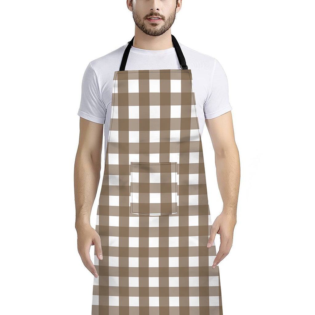 Brown And White Check Pattern Print Bib Apron With Pocket