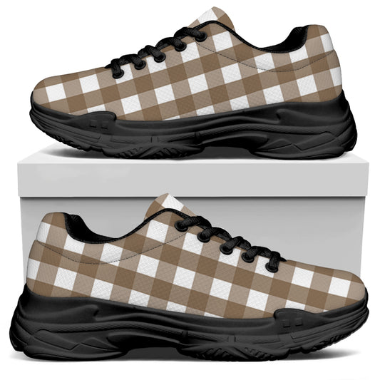 Brown And White Check Pattern Print Black Chunky Shoes