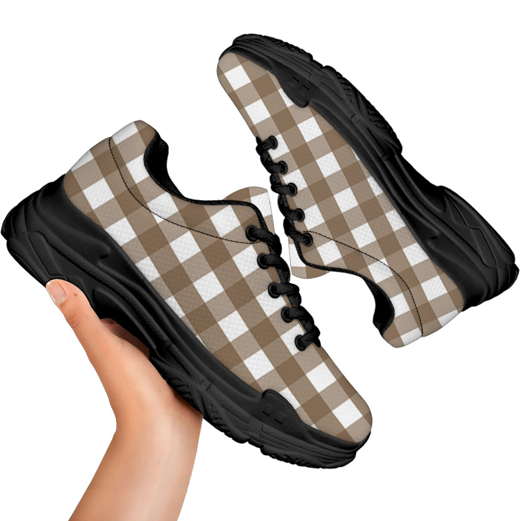 Brown And White Check Pattern Print Black Chunky Shoes