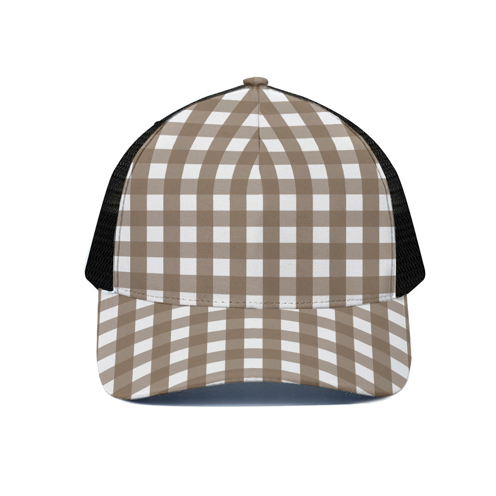 Brown And White Check Pattern Print Black Mesh Trucker Cap
