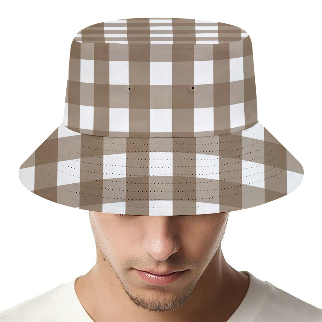 Brown And White Check Pattern Print Bucket Hat