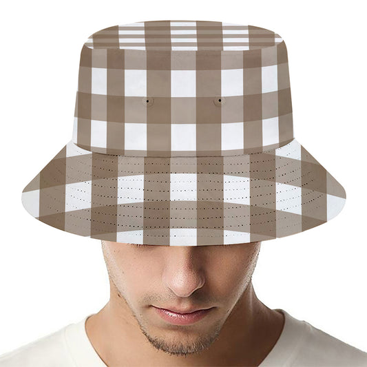 Brown And White Check Pattern Print Bucket Hat
