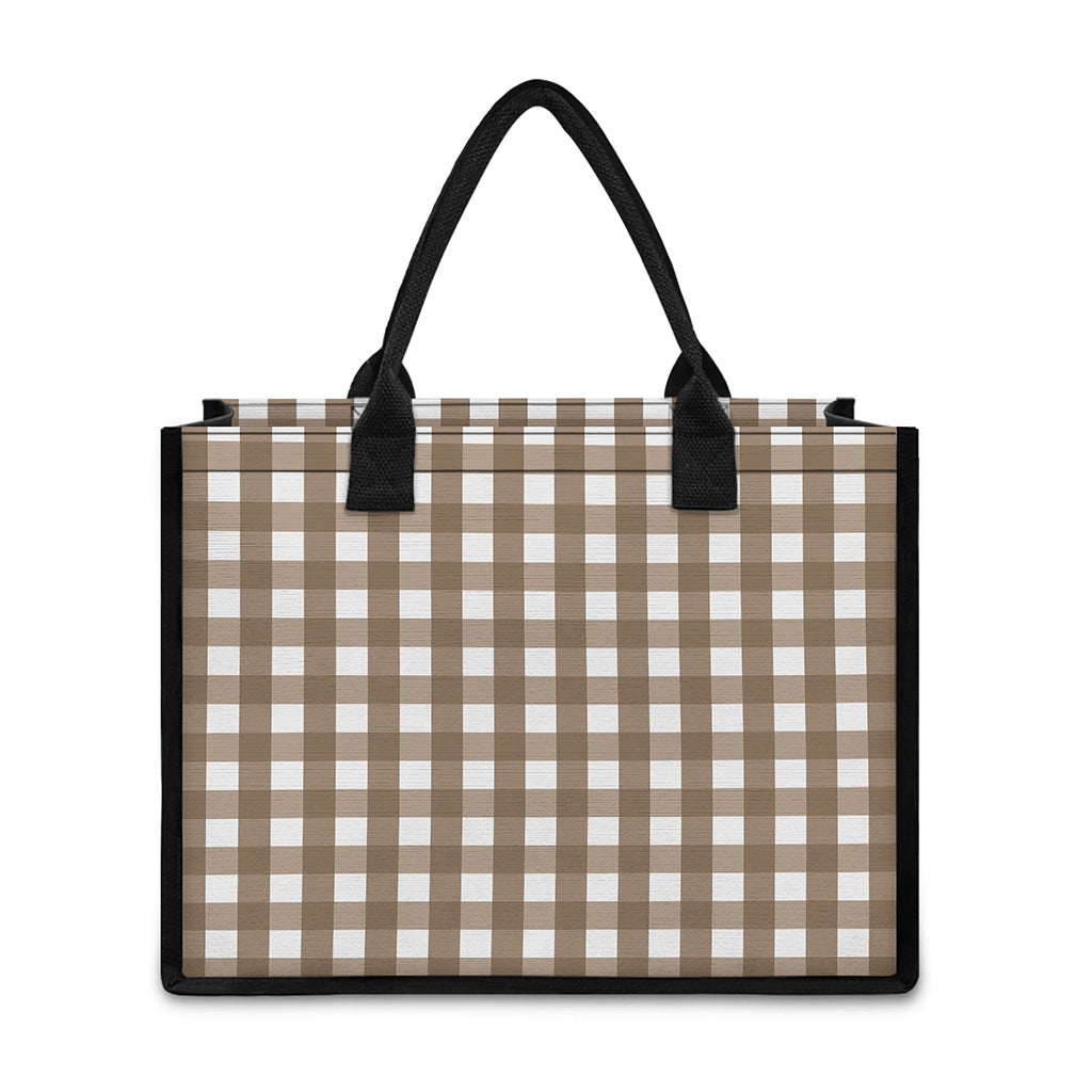 Brown And White Check Pattern Print Canvas Tote Bag