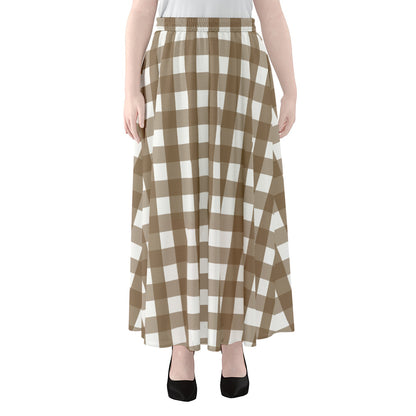 Brown And White Check Pattern Print Chiffon Maxi Skirt