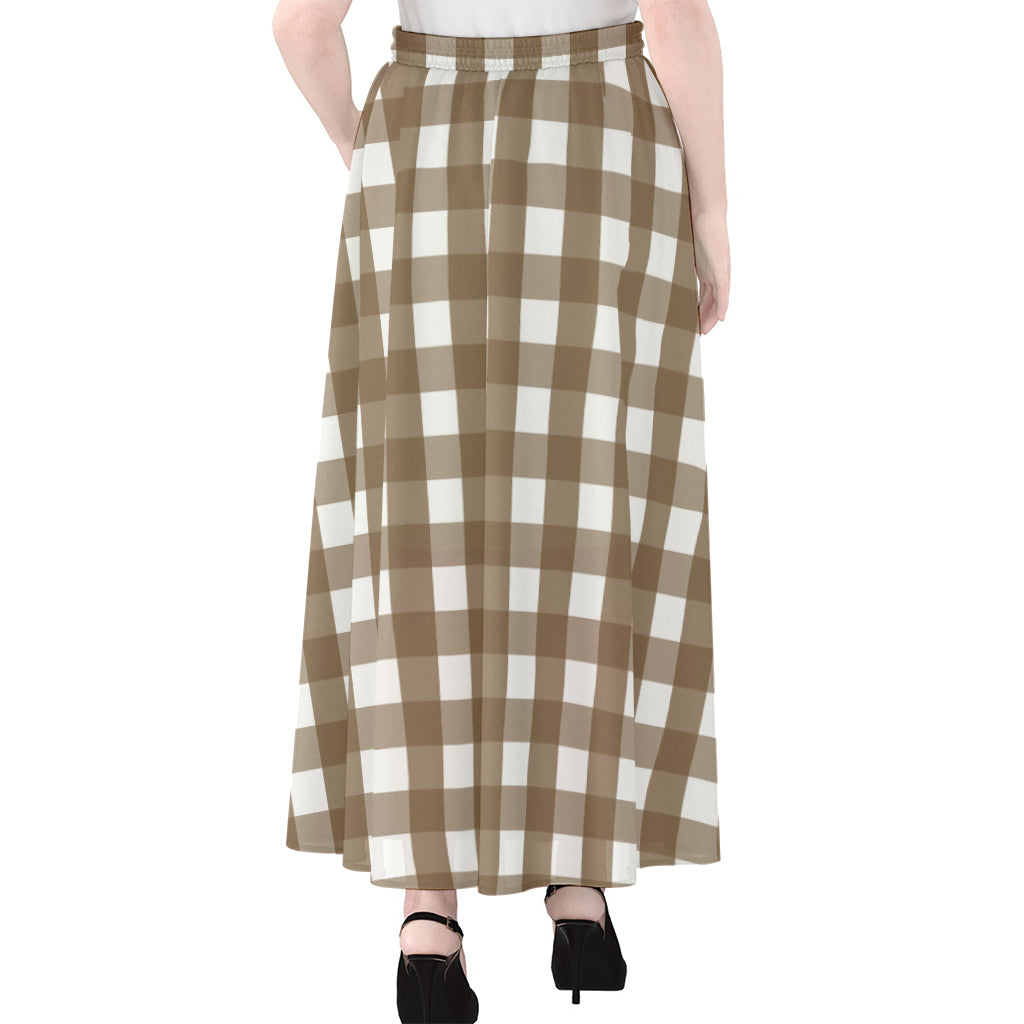 Brown And White Check Pattern Print Chiffon Maxi Skirt