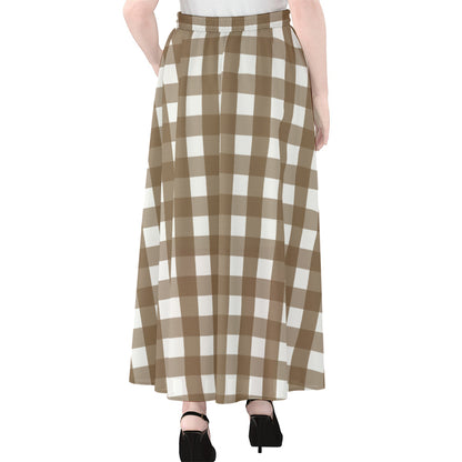 Brown And White Check Pattern Print Chiffon Maxi Skirt