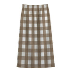 Brown And White Check Pattern Print Cotton Front Slit Maxi Skirt