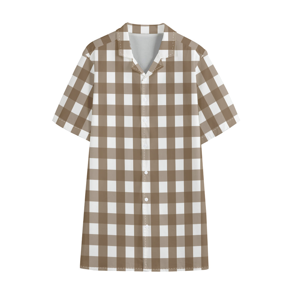 Brown And White Check Pattern Print Cotton Hawaiian Shirt