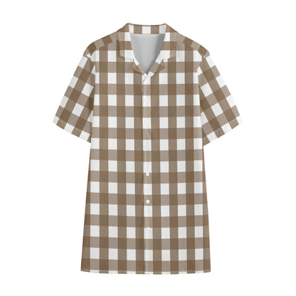 Brown And White Check Pattern Print Cotton Hawaiian Shirt