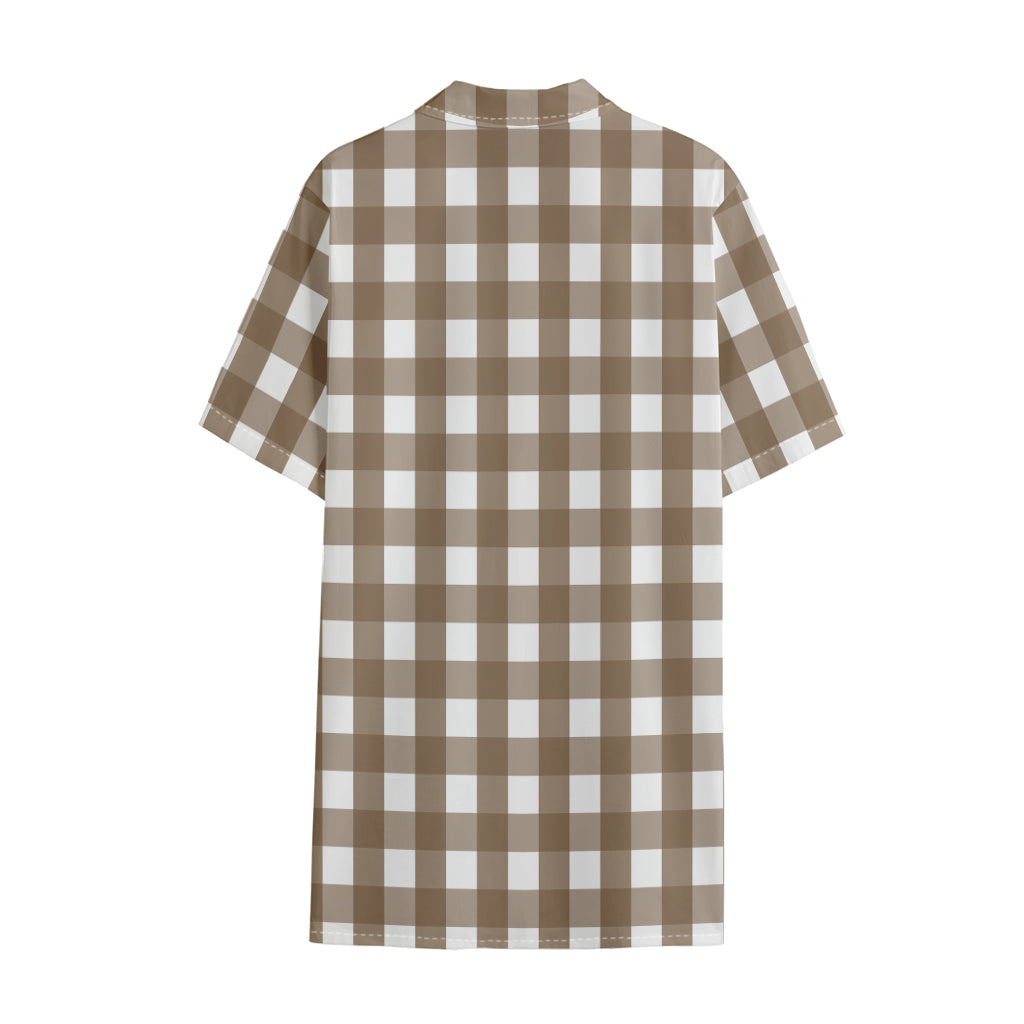 Brown And White Check Pattern Print Cotton Hawaiian Shirt