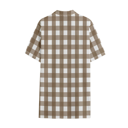 Brown And White Check Pattern Print Cotton Hawaiian Shirt