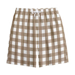 Brown And White Check Pattern Print Cotton Shorts