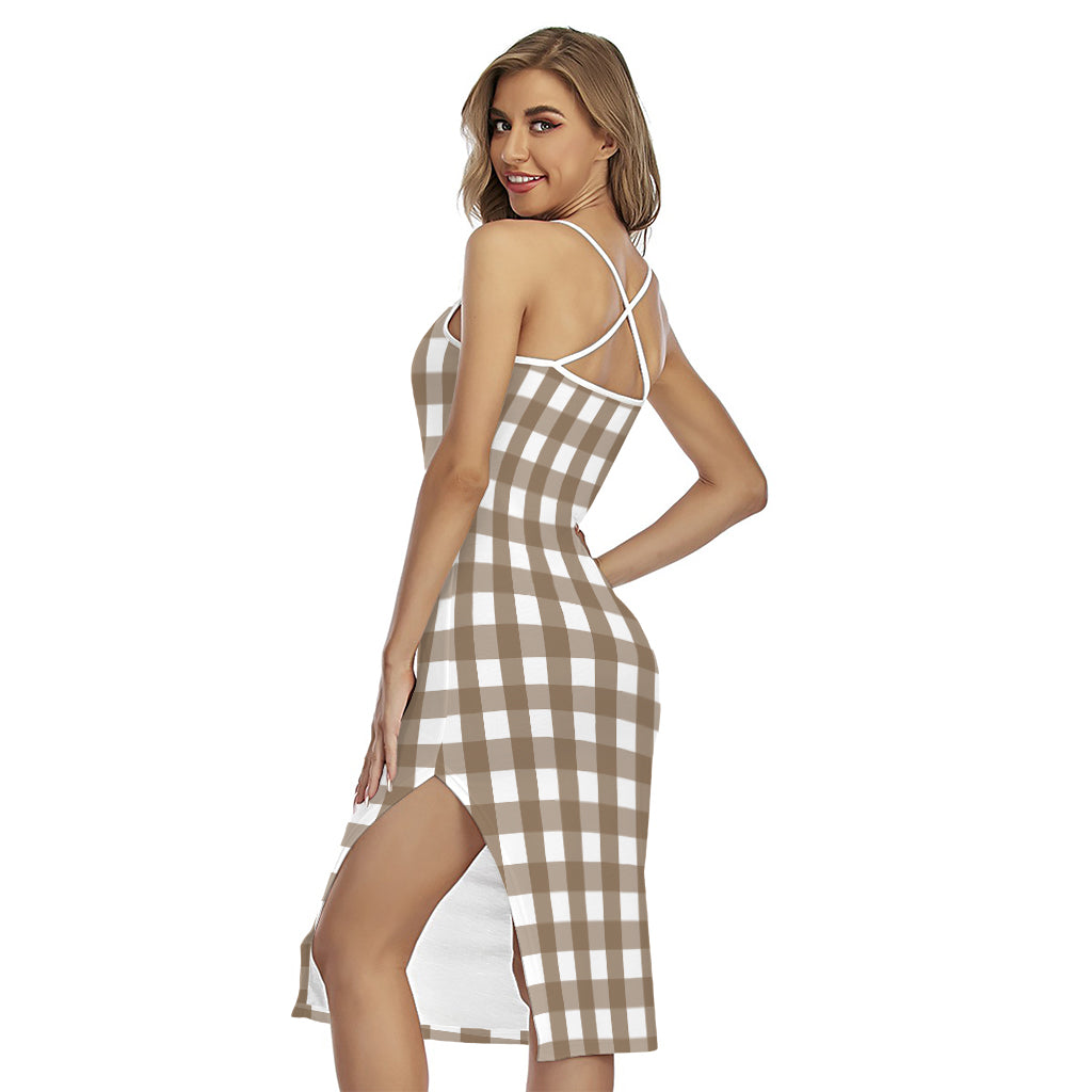 Brown And White Check Pattern Print Cross Back Cami Dress