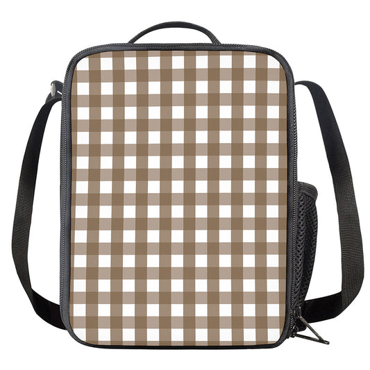 Brown And White Check Pattern Print Crossbody Lunch Bag