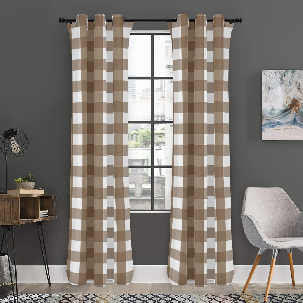 Brown And White Check Pattern Print Curtain