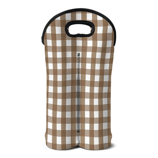 Brown And White Check Pattern Print Double Neoprene Wine Tote