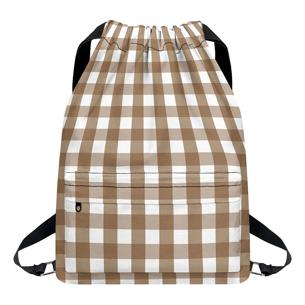 Brown And White Check Pattern Print Drawstring Backpack