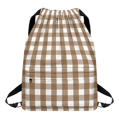 Brown And White Check Pattern Print Drawstring Backpack