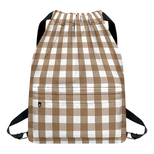 Brown And White Check Pattern Print Drawstring Backpack