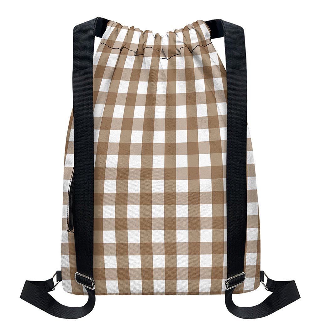 Brown And White Check Pattern Print Drawstring Backpack
