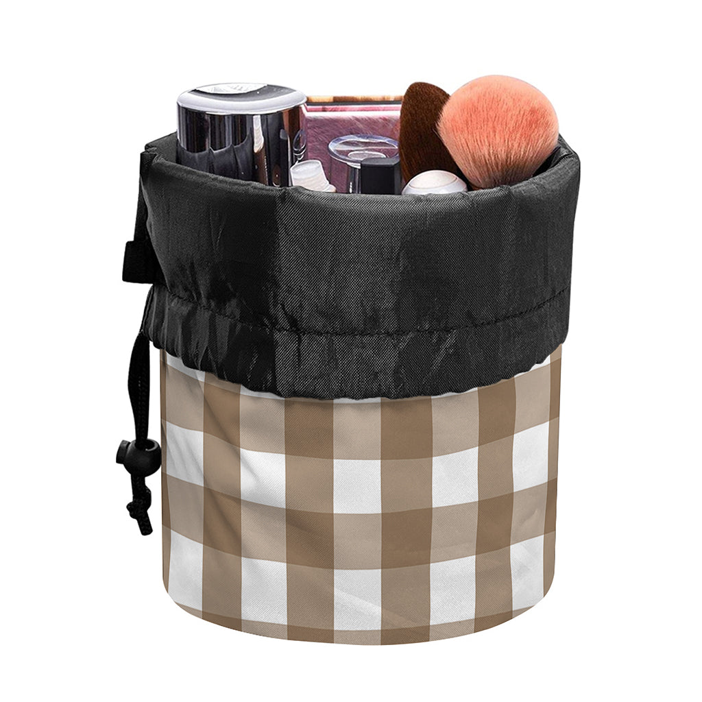 Brown And White Check Pattern Print Drawstring Makeup Bag