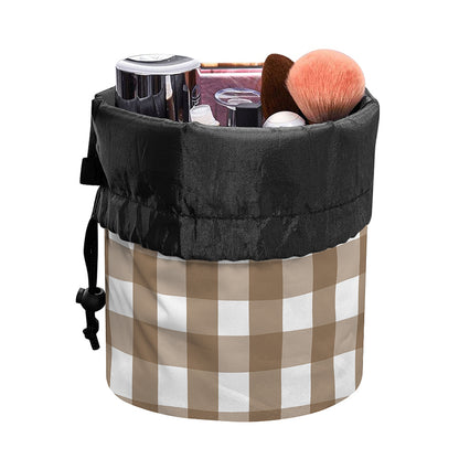 Brown And White Check Pattern Print Drawstring Makeup Bag