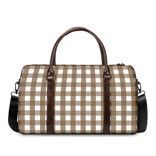 Brown And White Check Pattern Print Duffle Bag