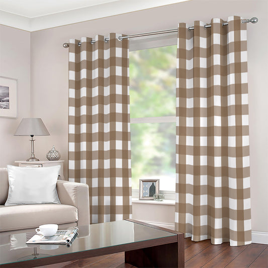 Brown And White Check Pattern Print Extra Wide Grommet Curtains