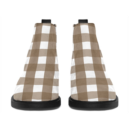 Brown And White Check Pattern Print Flat Ankle Boots