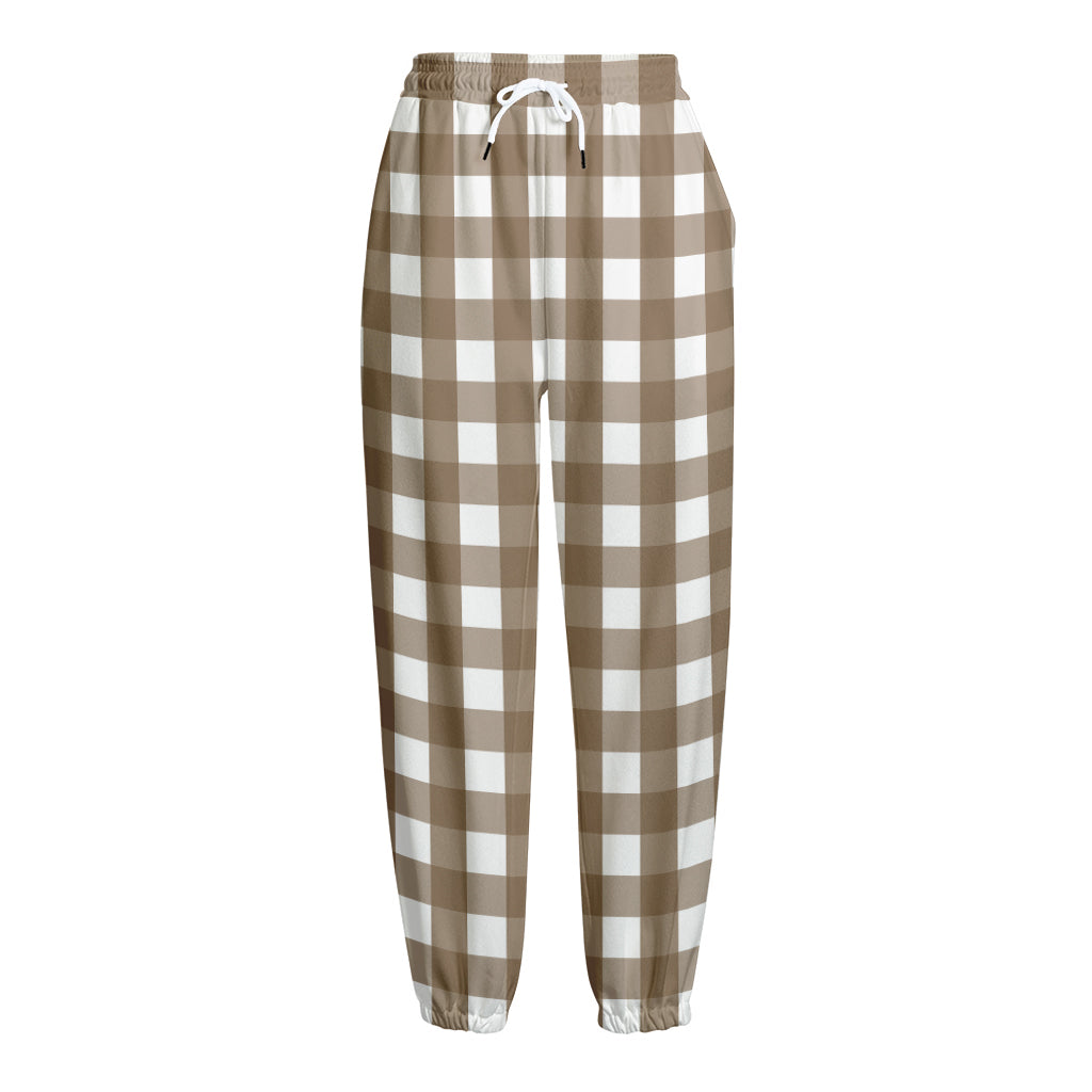 Brown And White Check Pattern Print Fleece Lined Knit Pants