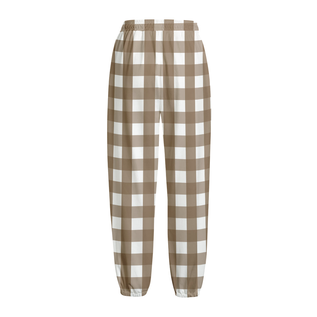 Brown And White Check Pattern Print Fleece Lined Knit Pants