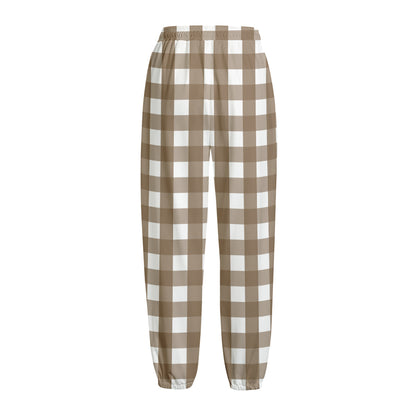 Brown And White Check Pattern Print Fleece Lined Knit Pants
