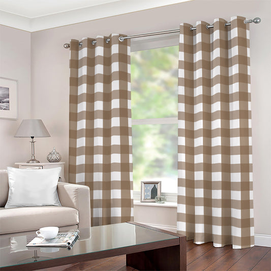 Brown And White Check Pattern Print Grommet Curtains