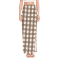Brown And White Check Pattern Print High Slit Maxi Skirt