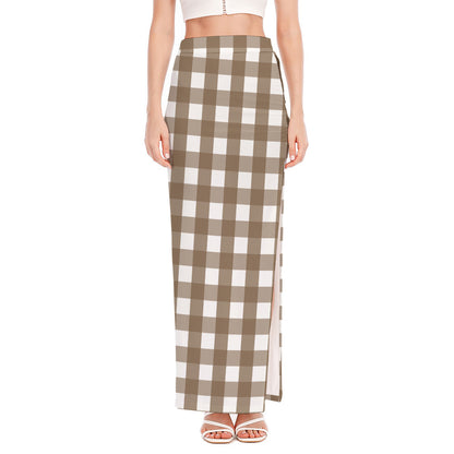 Brown And White Check Pattern Print High Slit Maxi Skirt