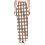 Brown And White Check Pattern Print High Slit Maxi Skirt