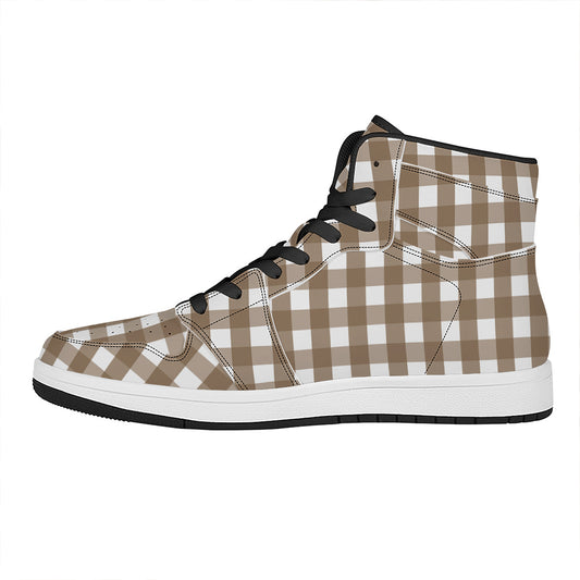 Brown And White Check Pattern Print High Top Leather Sneakers