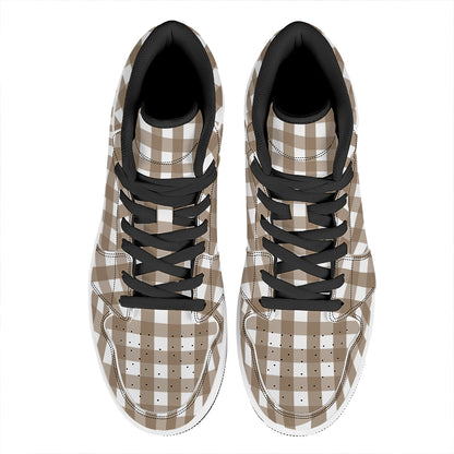 Brown And White Check Pattern Print High Top Leather Sneakers