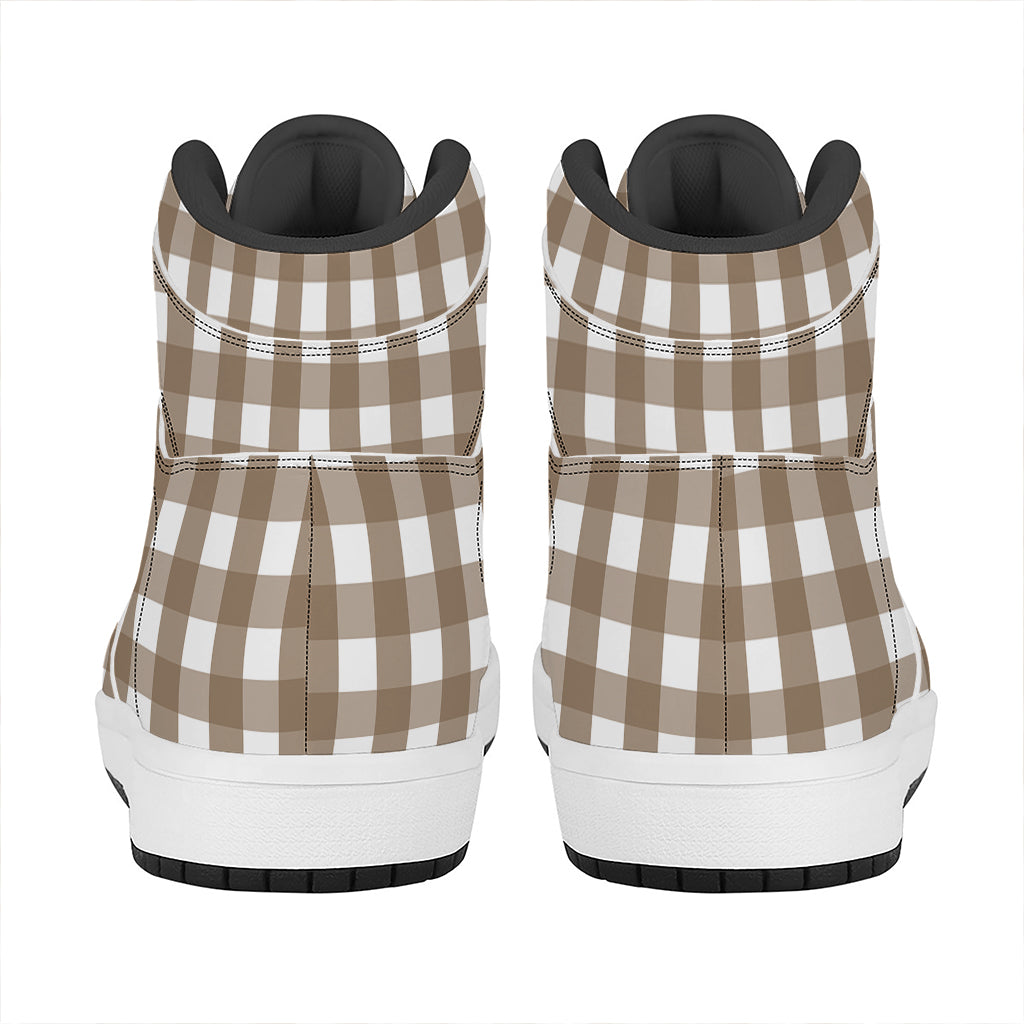 Brown And White Check Pattern Print High Top Leather Sneakers