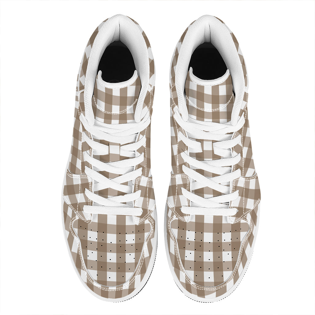 Brown And White Check Pattern Print High Top Leather Sneakers
